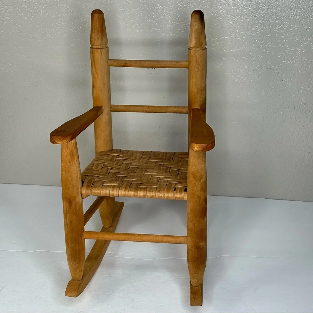 Handmade Wood Rocking Chair made for American Girl Doll Hand Woven Seat 12X16X9”